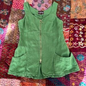 100% Linen Double Zipper Green Tunic Vest with Large Pockets